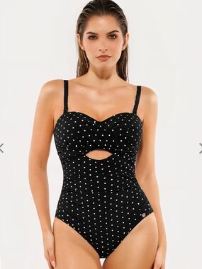 Popilush Medium Polka Dot Black One-Piece Swimwear with Front Cutout